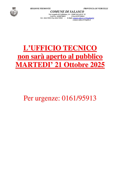 Chiusura Ufficio Tecnico - MARTEDI' 21 OTTOBRE 2025
